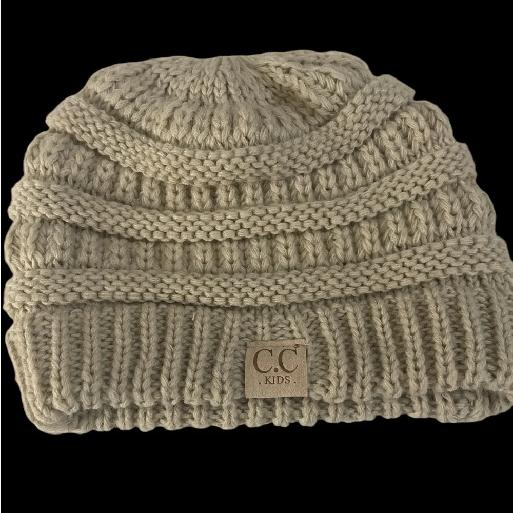 C.C. Kids tan beanie winter knit hat ski cold snow